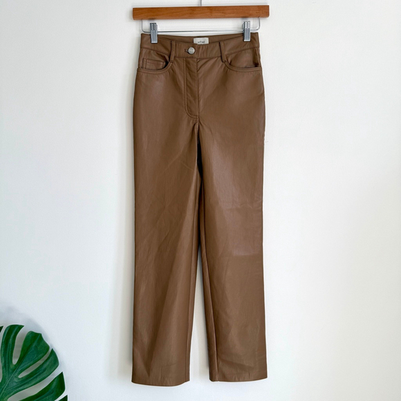 Aritzia Wilfred Melina Pant High Waisted Vegan Leather Pants Brown Sz 00 Short - Picture 2 of 11